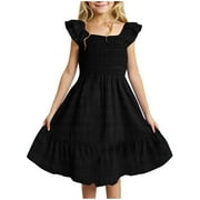 Dresses For Teens Girls 12-14 5T Dress Girl's Ruffle Sleeve High Waist A Line Short Dress with Pockets Black 7-8 Years